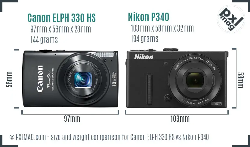 Canon ELPH 330 HS vs Nikon P340 size comparison