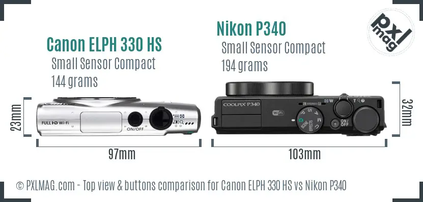 Canon ELPH 330 HS vs Nikon P340 top view buttons comparison