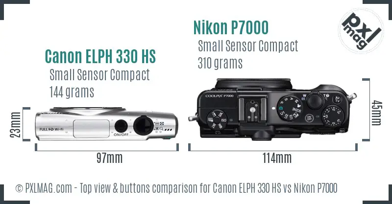 Canon ELPH 330 HS vs Nikon P7000 top view buttons comparison