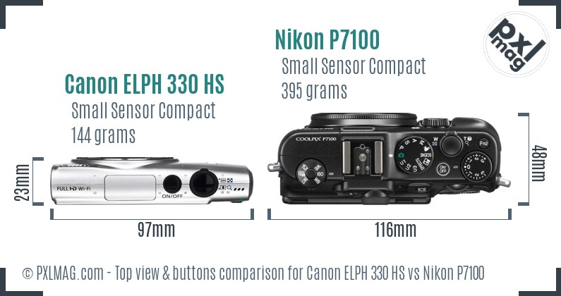 Canon ELPH 330 HS vs Nikon P7100 top view buttons comparison