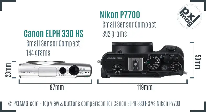 Canon ELPH 330 HS vs Nikon P7700 top view buttons comparison