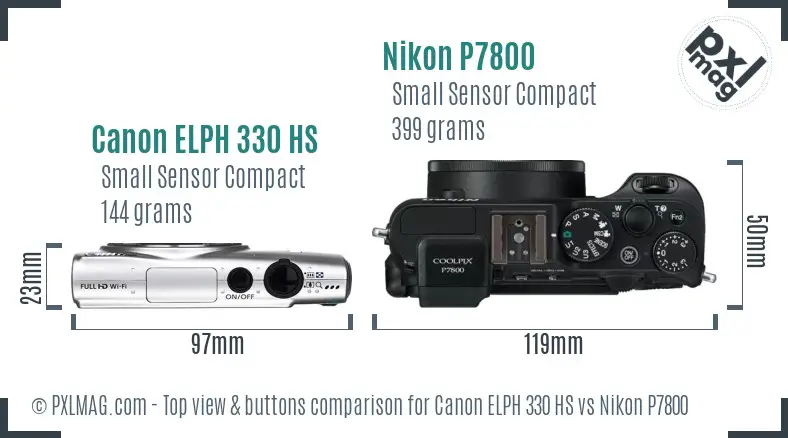Canon ELPH 330 HS vs Nikon P7800 top view buttons comparison