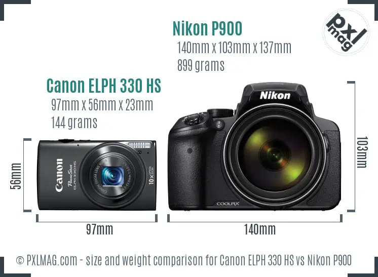 Canon ELPH 330 HS vs Nikon P900 size comparison