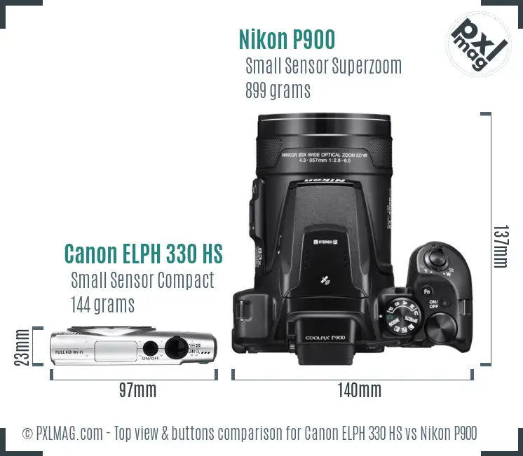 Canon ELPH 330 HS vs Nikon P900 top view buttons comparison