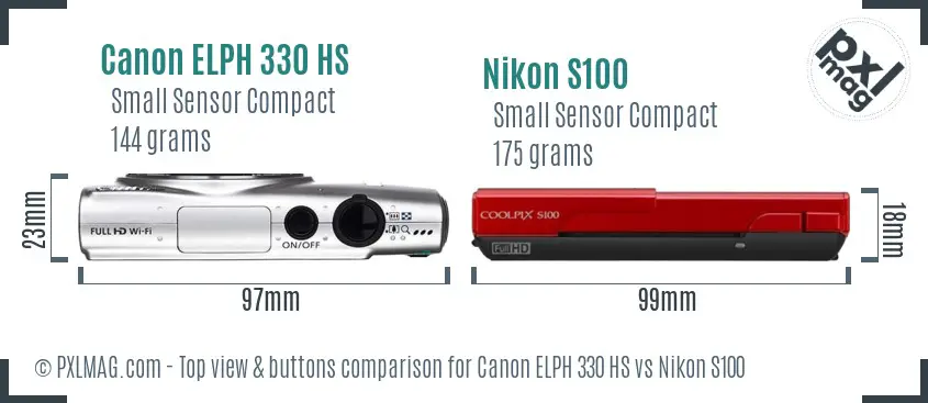 Canon ELPH 330 HS vs Nikon S100 top view buttons comparison
