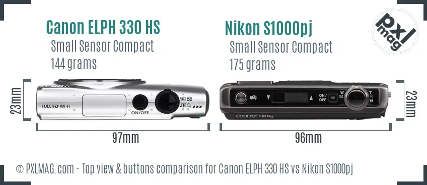 Canon ELPH 330 HS vs Nikon S1000pj top view buttons comparison