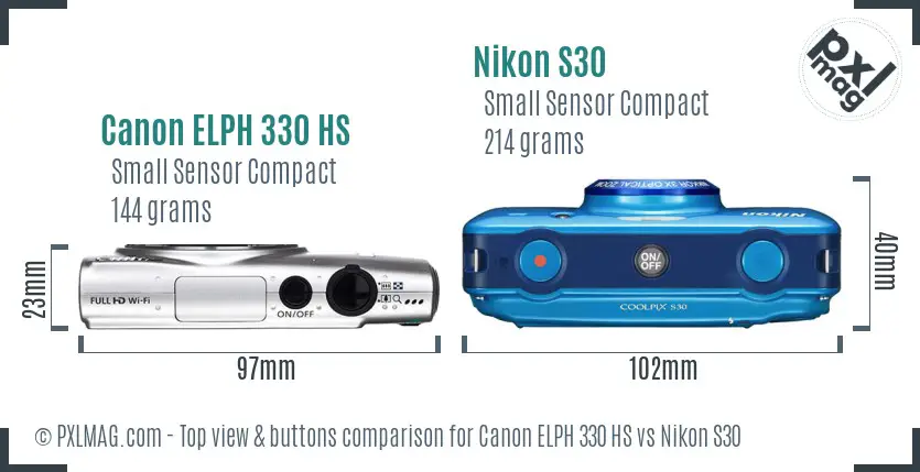 Canon ELPH 330 HS vs Nikon S30 top view buttons comparison