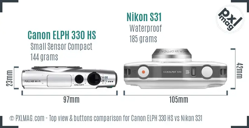 Canon ELPH 330 HS vs Nikon S31 top view buttons comparison