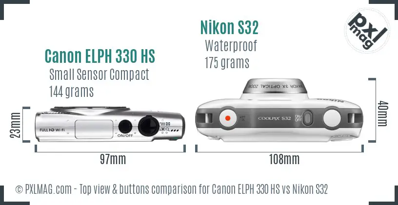 Canon ELPH 330 HS vs Nikon S32 top view buttons comparison