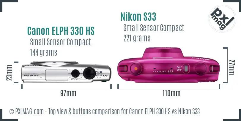 Canon ELPH 330 HS vs Nikon S33 top view buttons comparison