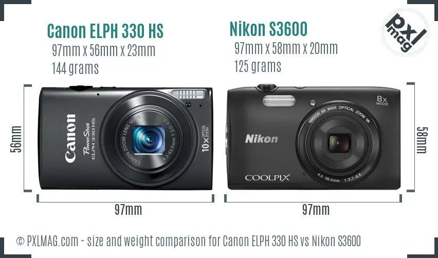 Canon ELPH 330 HS vs Nikon S3600 size comparison Canon ELPH 330 HS vs Nikon S3600 size comparison