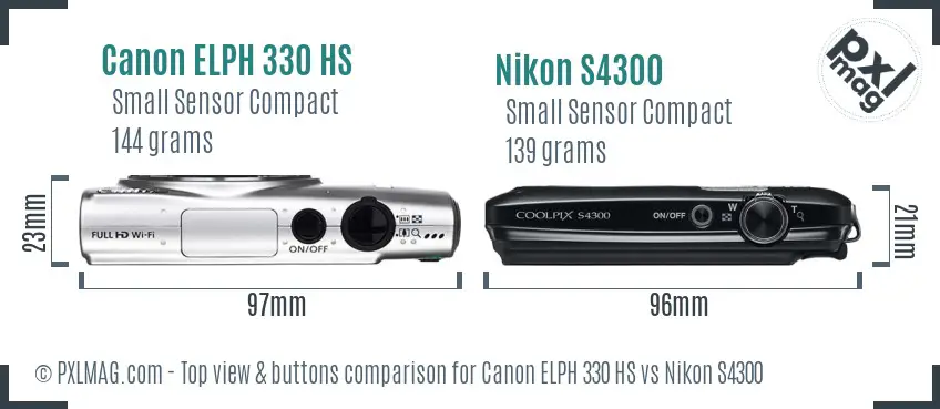 Canon ELPH 330 HS vs Nikon S4300 top view buttons comparison Canon ELPH 330 HS vs Nikon S4300 top view buttons comparison