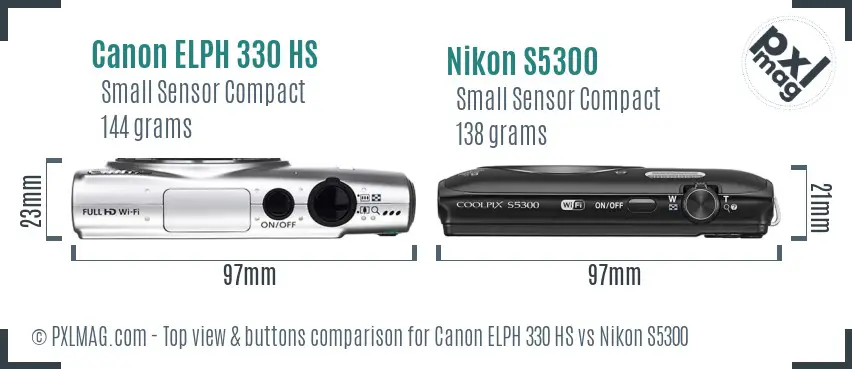Canon ELPH 330 HS vs Nikon S5300 top view buttons comparison