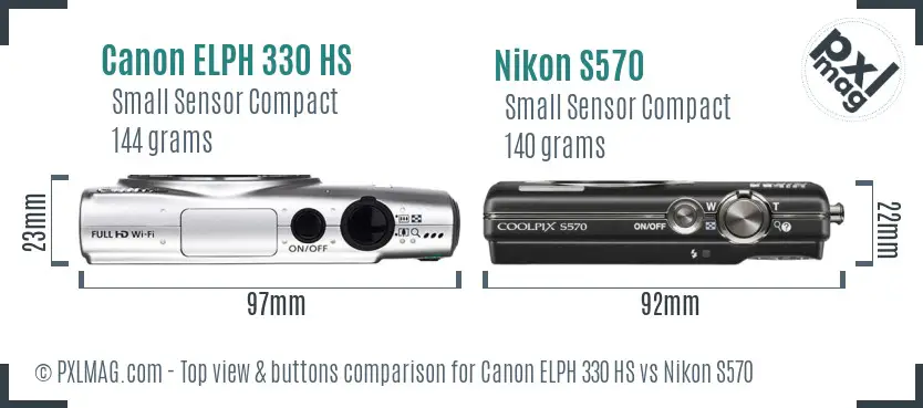 Canon ELPH 330 HS vs Nikon S570 top view buttons comparison