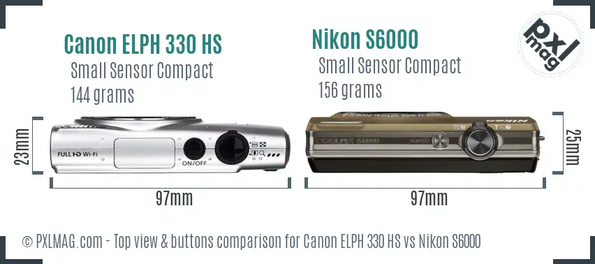 Canon ELPH 330 HS vs Nikon S6000 top view buttons comparison