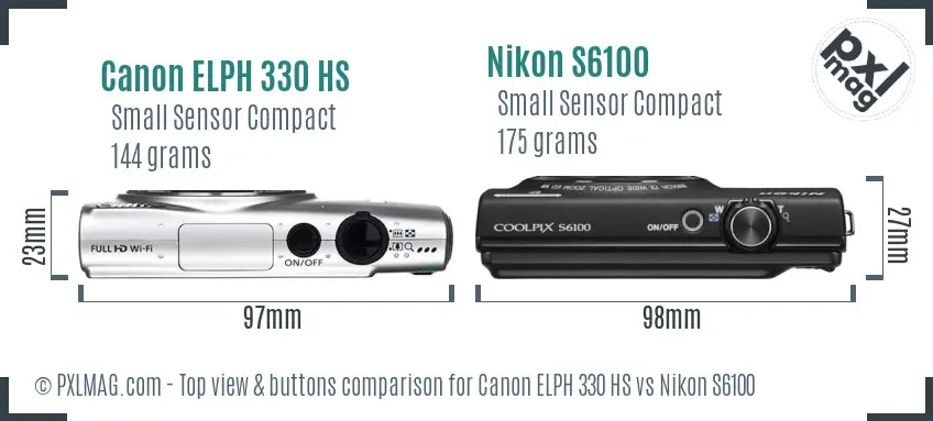 Canon ELPH 330 HS vs Nikon S6100 top view buttons comparison Canon ELPH 330 HS vs Nikon S6100 top view buttons comparison