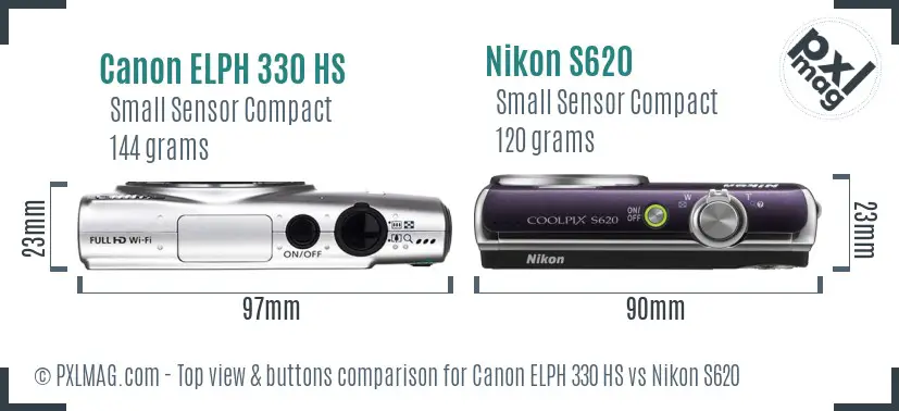 Canon ELPH 330 HS vs Nikon S620 top view buttons comparison