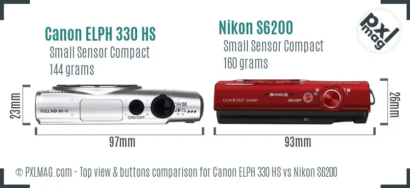 Canon ELPH 330 HS vs Nikon S6200 top view buttons comparison