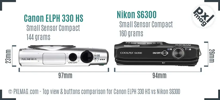 Canon ELPH 330 HS vs Nikon S6300 top view buttons comparison Canon ELPH 330 HS vs Nikon S6300 top view buttons comparison