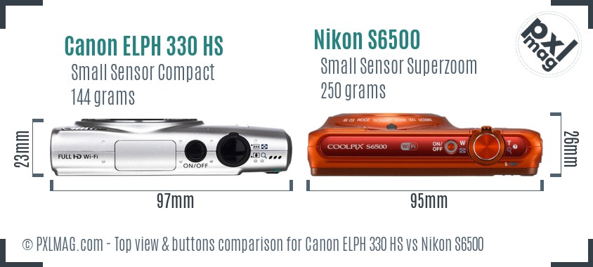 Canon ELPH 330 HS vs Nikon S6500 top view buttons comparison