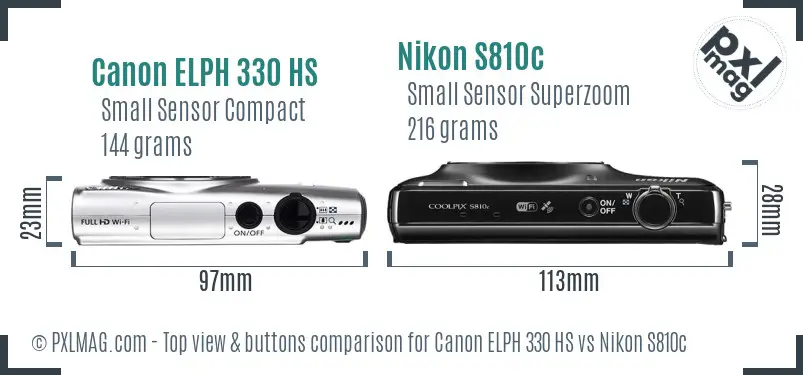 Canon ELPH 330 HS vs Nikon S810c top view buttons comparison