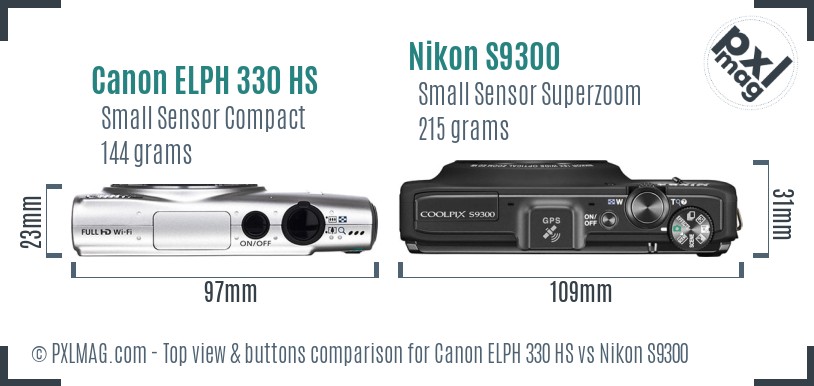 Canon ELPH 330 HS vs Nikon S9300 top view buttons comparison