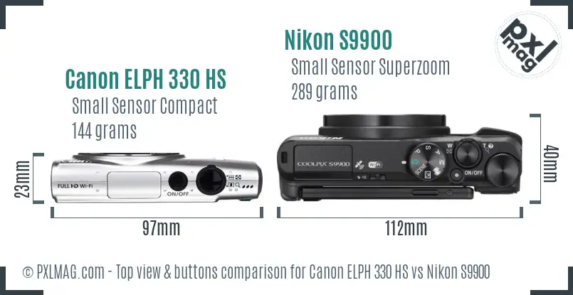 Canon ELPH 330 HS vs Nikon S9900 top view buttons comparison