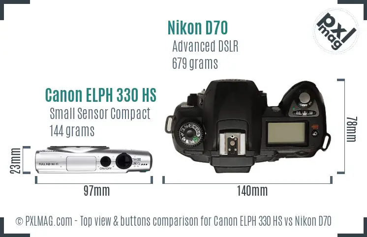 Canon ELPH 330 HS vs Nikon D70 top view buttons comparison