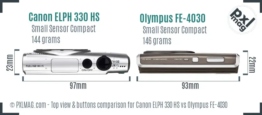 Canon ELPH 330 HS vs Olympus FE-4030 top view buttons comparison