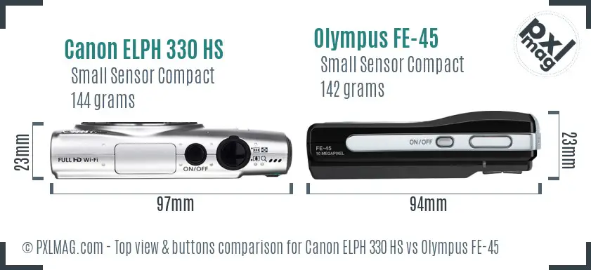 Canon ELPH 330 HS vs Olympus FE-45 top view buttons comparison