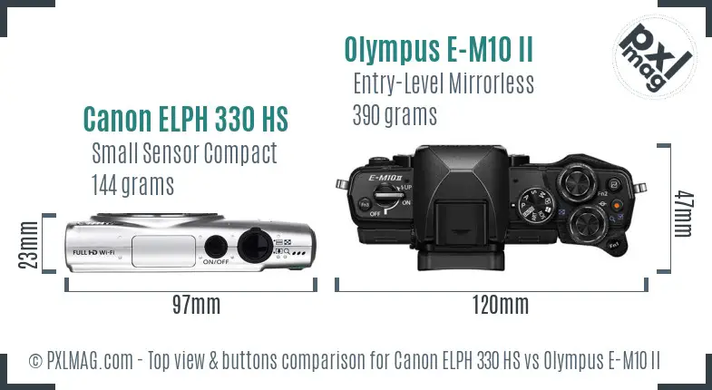 Canon ELPH 330 HS vs Olympus E-M10 II top view buttons comparison