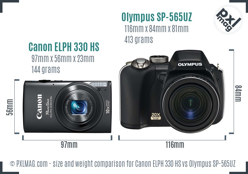 Canon ELPH 330 HS vs Olympus SP-565UZ size comparison Canon ELPH 330 HS vs Olympus SP-565UZ size comparison