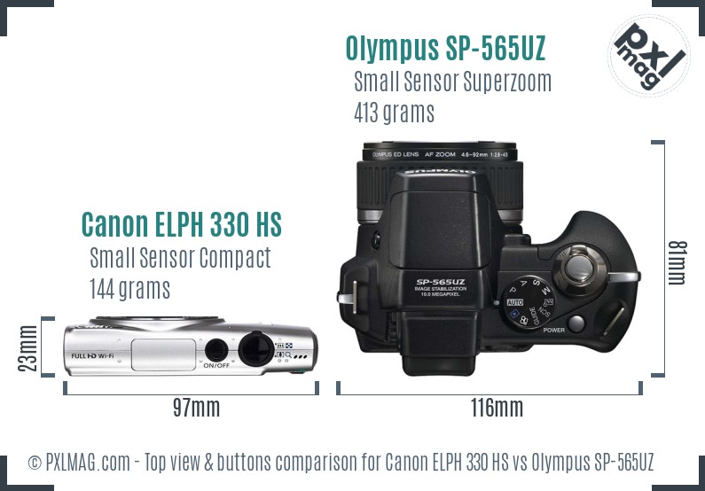 Canon ELPH 330 HS vs Olympus SP-565UZ top view buttons comparison