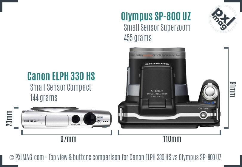 Canon ELPH 330 HS vs Olympus SP-800 UZ top view buttons comparison