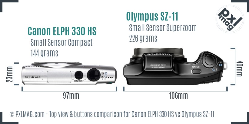 Canon ELPH 330 HS vs Olympus SZ-11 top view buttons comparison