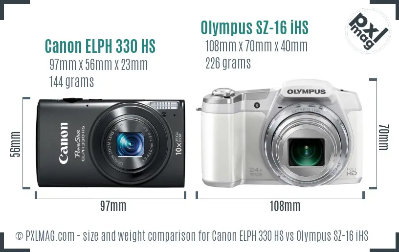 Canon ELPH 330 HS vs Olympus SZ-16 iHS size comparison