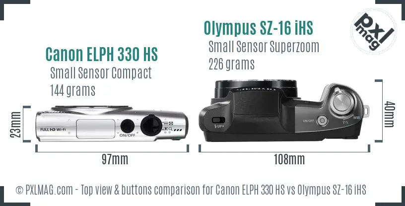 Canon ELPH 330 HS vs Olympus SZ-16 iHS top view buttons comparison