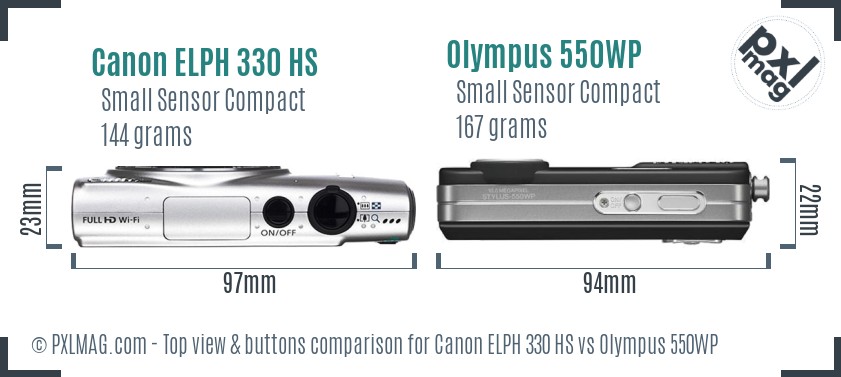 Canon ELPH 330 HS vs Olympus 550WP top view buttons comparison