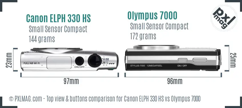 Canon ELPH 330 HS vs Olympus 7000 top view buttons comparison