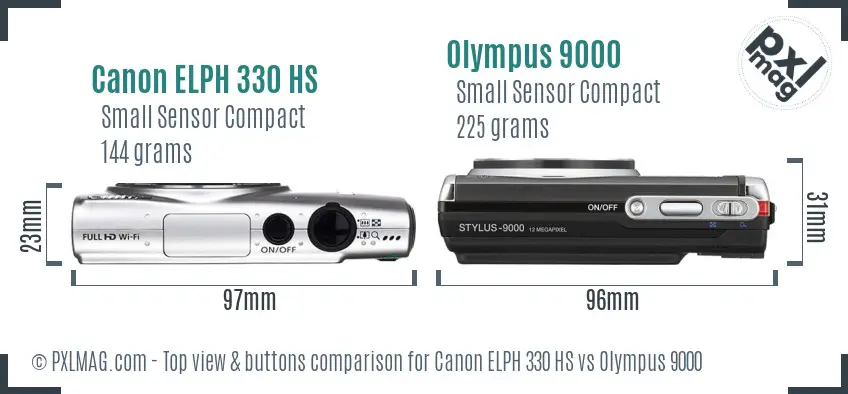 Canon ELPH 330 HS vs Olympus 9000 top view buttons comparison Canon ELPH 330 HS vs Olympus 9000 top view buttons comparison