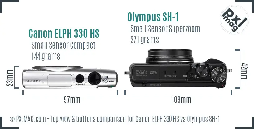 Canon ELPH 330 HS vs Olympus SH-1 top view buttons comparison Canon ELPH 330 HS vs Olympus SH-1 top view buttons comparison