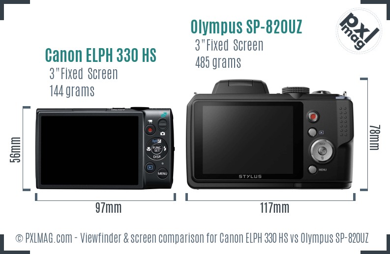 Canon ELPH 330 HS vs Olympus SP-820UZ Screen and Viewfinder comparison