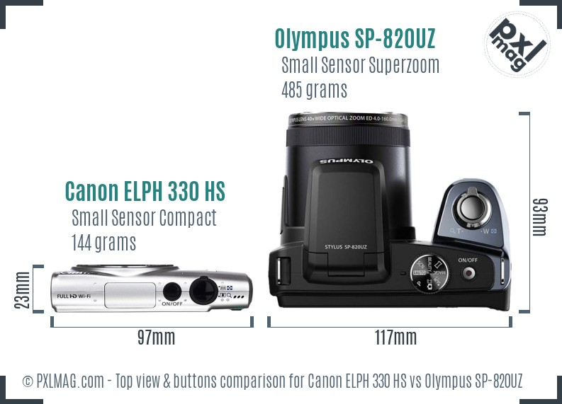 Canon ELPH 330 HS vs Olympus SP-820UZ top view buttons comparison