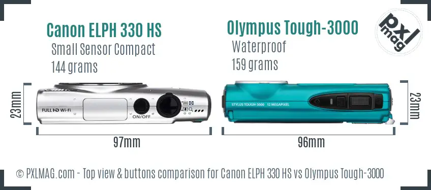Canon ELPH 330 HS vs Olympus Tough-3000 top view buttons comparison