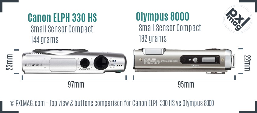 Canon ELPH 330 HS vs Olympus 8000 top view buttons comparison