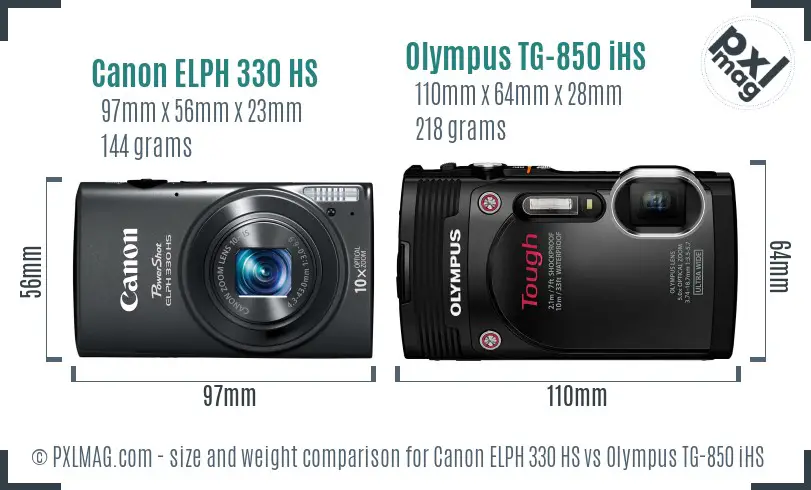 Canon ELPH 330 HS vs Olympus TG-850 iHS size comparison