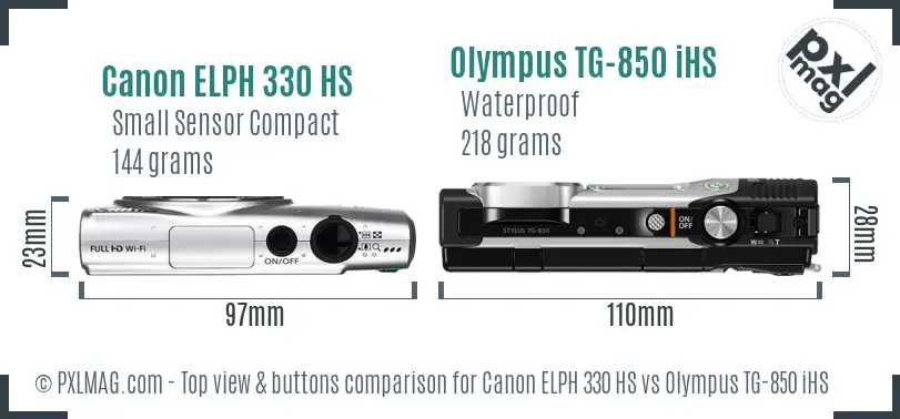 Canon ELPH 330 HS vs Olympus TG-850 iHS top view buttons comparison