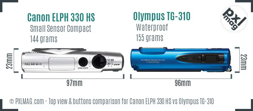 Canon ELPH 330 HS vs Olympus TG-310 top view buttons comparison