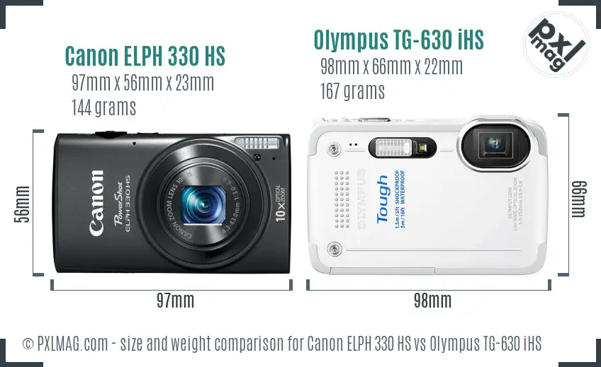 Canon ELPH 330 HS vs Olympus TG-630 iHS size comparison