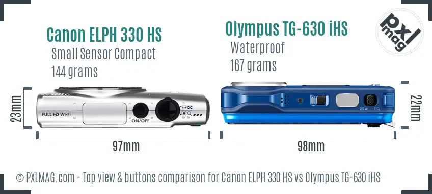 Canon ELPH 330 HS vs Olympus TG-630 iHS top view buttons comparison